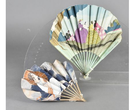 Two 20th Century French Restaurant Fontage Fans, double paper leaf, one printed with a Robert Polack design of three women pl