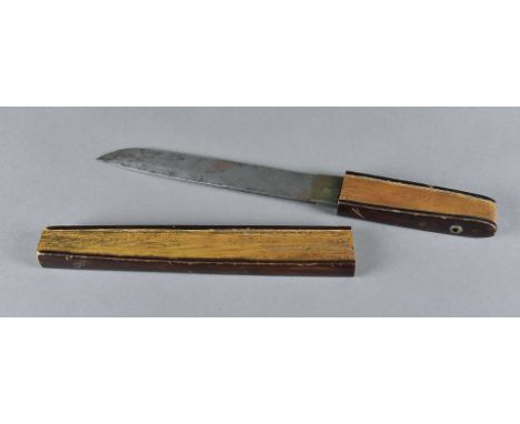 A Japanese Meiji Period Tessen, a painted gilded and lacquer scabbard, blade length 18.5cm, length overall 30cm 