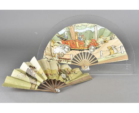 Two Comical 20th Century Advertising Fans, double paper leaf, one designed by Gem for Dry Monopole Champagne, printed with an