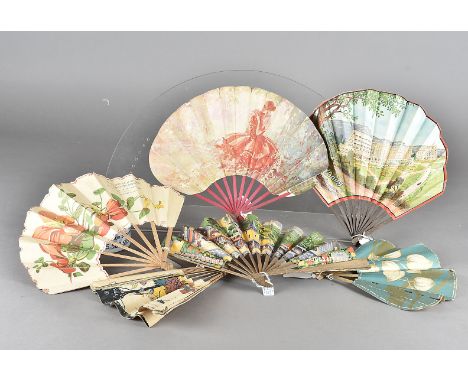 Collection of 20th Century French Fontage Fans, advertising hotels, casinos and cafés, including a 'Deauville La Plage Fleuri