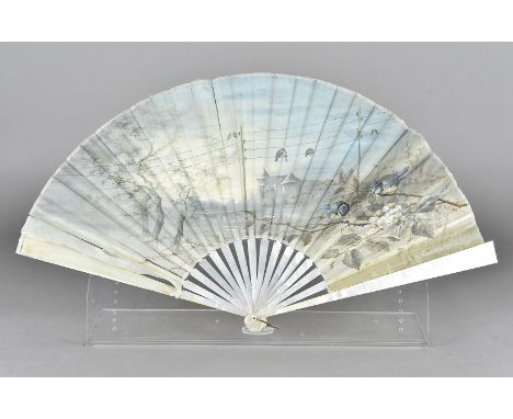20th Century Rosie Houghton Fan, single satin leaf painted with a bluetit amongst some foliage with others sitting on telepho