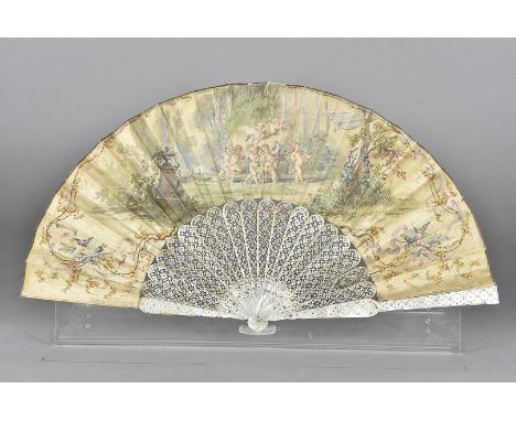 Mid 19th Century Fan, double silk leaf painted with eight putti playing instruments, running and pulling a lamb, the surround