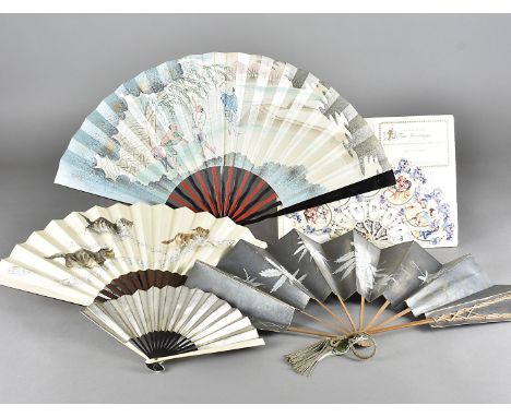 Mixture of Fans, brisé and folding examples, including a crepe butterfly fan, a handbag size horn fan and one made to celebra