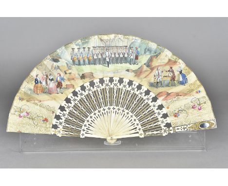 Mid 19th Century Spanish Fan, double paper leaf printed and hand painted with soldiers ranked outside 'El Valle de Andorra', 