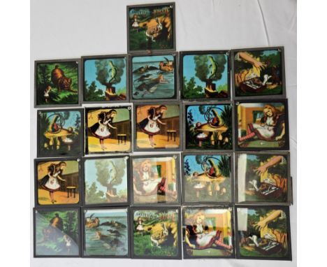 A collection of Alice's Adventures in Wonderland 'Magic Lantern' Glass Sides (Qty.21) H.9 W.9cm. 