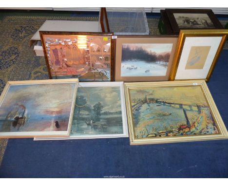 A quantity of Prints to include sheep in a winter landscape, Constable print, view of The Thames by Oskar Koboschka etc.