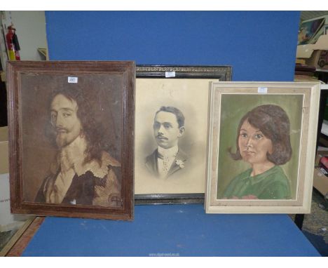 A wooden framed Photograph of a gentleman and wooden framed print of King Charles I, plus a framed Oil on board portrait of a