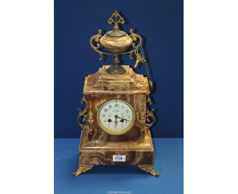 A marble cased mantle clock having Ormolu mounts, the attractive enamelled face having Arabic numerals and floral decoration 