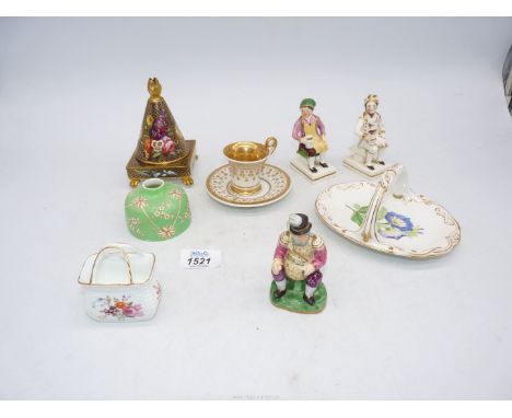 A 19th century English porcelain items, comprising of; a small card tray, a miniature posy basket, a Spode inkwell and a Spod