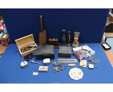 A quantity of miscellanea including a black metal spice tin, a metal bud vase and trinket box, metal and enamelled top boxes,