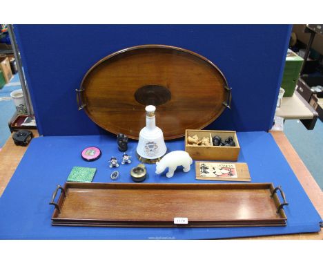 A quantity of miscellanea including trays, chess pieces, brass miner's watch case, Wade Bells Scotch Whisky Prince William 19