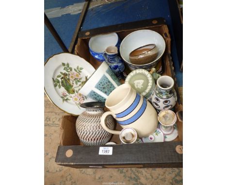 A quantity of miscellaneous china including Studio Pottery, Wedgwood Jasperware pin dishes, Spode display plate etc.