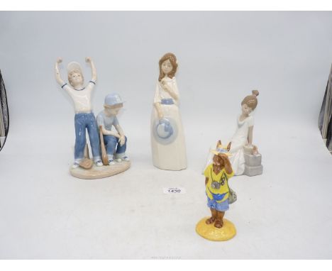 Four china figures including Royal Doulton Bunnykins 'Tourist Bunnykins' (boxed), Nao girl on bench, Paul Sebastian, baseball