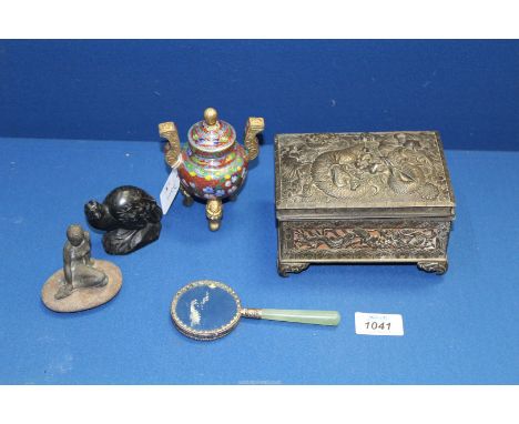 A bronzed figure of a mermaid mounted on a pebble 3" tall, a Chinese cloisonne incense burner and lid on brass legs 4" tall, 