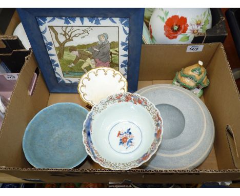 A Wedgwood tile, Royal Lancastrian blue bowl, Staffordshire cottage, Japanese Imari bowl, blue striped pottery bowl and a flo