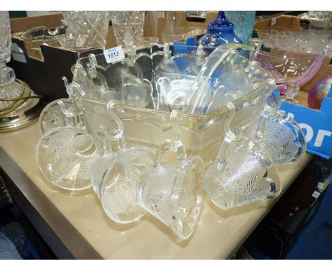 Am American hexagonal shaped Punch bowl with cups, hooks and ladle, in original box.
