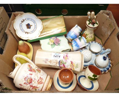 A quantity of small china items including Carlton ware cruet, Crown china trinket pot, small Noritake vases, Torquay ware hat