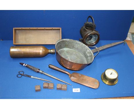A miscellaneous lot of metallic items including an early 20th century car headlamp (incomplete), a small bulkhead type barome