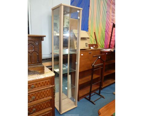 A tall contemporary light Oak finish framed Display Cabinet, the interior with four glass shelves with mirror to the back, 14