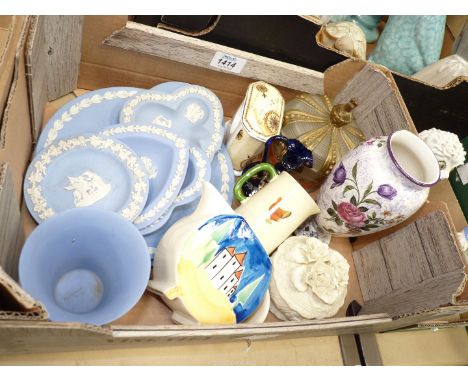 A small quantity of china including Wedgwood pale blue Jasperware trinket dishes, small Wedgwood quartz clock, glass jug etc.