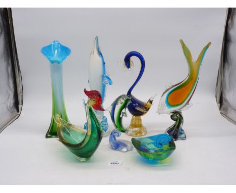 Five large blown glass animals, to include fish, dolphin, a bird and a chicken shaped bowl,  a Due Zeta Venetian "Jack in the