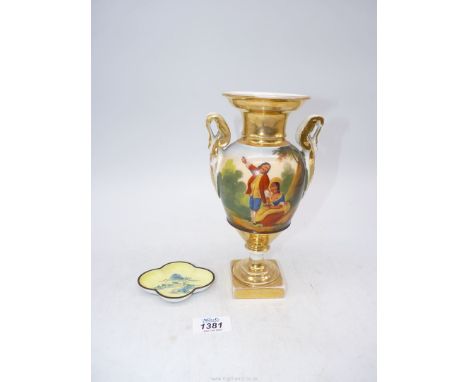 A Quatrefoil Cloisonne enamel dish and a 19th c. continental vase of two figures within a landscape.