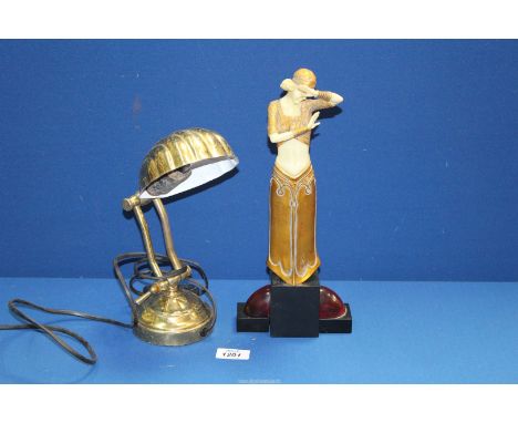 An Art Deco style resin figure, 13" tall and a small brass effect desk lamp, 10'' tall.