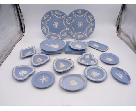 A quantity of pale blue Wedgwood Jasperware trinket dishes, plates etc including " in Celebration of Liberty" plate, club sha