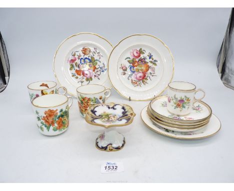Colourful flower painted English porcelain, comprising of; three cups and saucers and a plate signed by George Roberts, a Cop