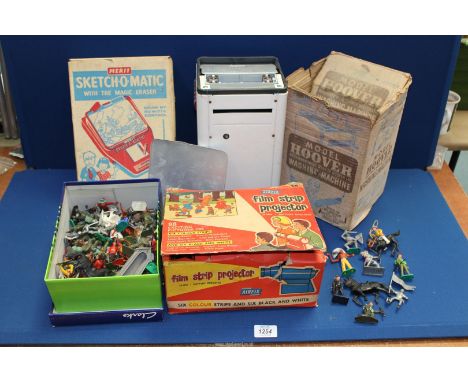A collection of boxed vintage toys to include a Hoover washing machine, Sketch O Matic, Airfix projector with film strips, vi