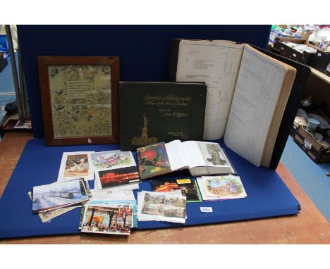 A 1972 ledger for a plumbing company in Birmingham, framed print of a sampler and small quantity of mostly late 20th c. postc