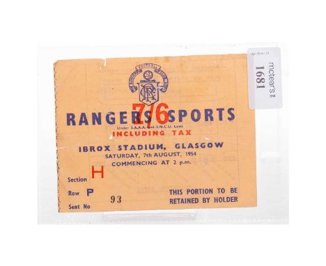 RANGERS F.C., 68TH ANNUAL SPORTS DAY, TICKET, 7TH AUGUST 1954 section H, row P, seat no. 93