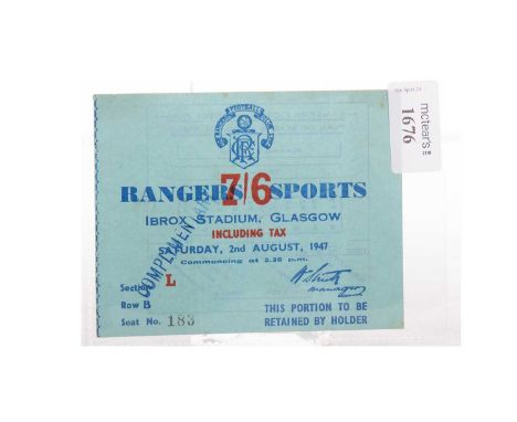 RANGERS F.C., 61ST ANNUAL SPORTS DAY, TICKET, 6TH AUGUST 1947 section L, row B, seat no. 183