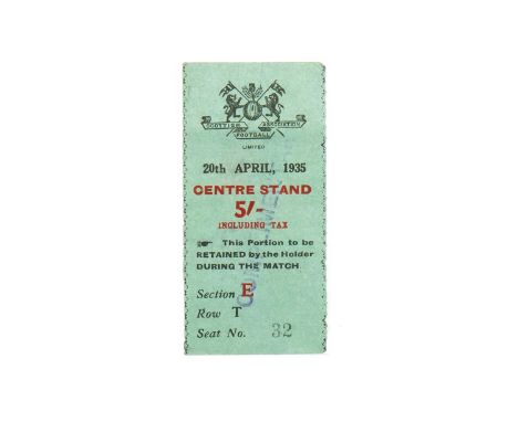 SCOTTISH CUP FINAL TICKET, RANGERS F.C. VS. HAMILTON, 20TH APRIL 1935  CENTRE STAND, section E, Row T, Seat No. 32Note: Range