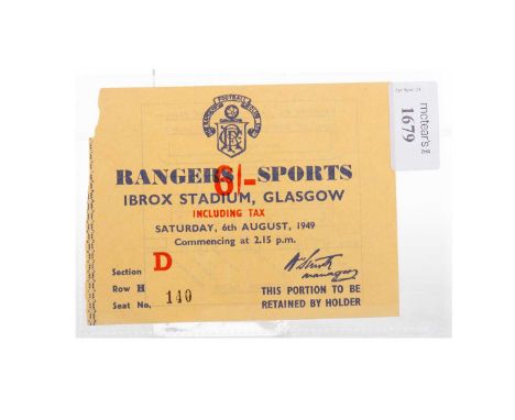 RANGERS F.C., 63RD ANNUAL SPORTS DAY, TICKET, 6TH AUGUST 1949 section D, row H, seat no. 140