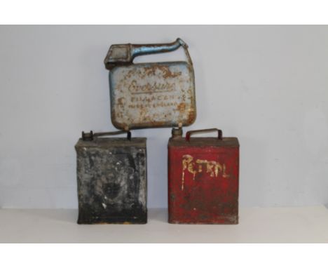 A group of three vintage metal fuel cans, BP, Evasure (3)