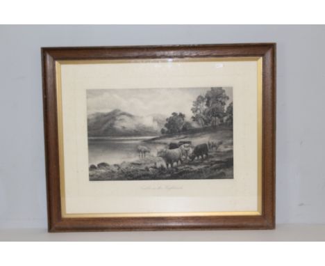 Victorian oak framed print - Cattle in the Highlands, printed by Douglas Cameron 64cm x 79cm overall
