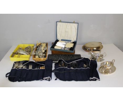 A selection of various silver plated cutlery and flatware (cased and uncased) and a small selection of plated wares, sauce bo