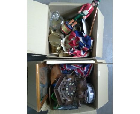 Two boxes of miscellaneous glass, china and metal wares, including a brass watering can, brass bells, glass decanter, papier 