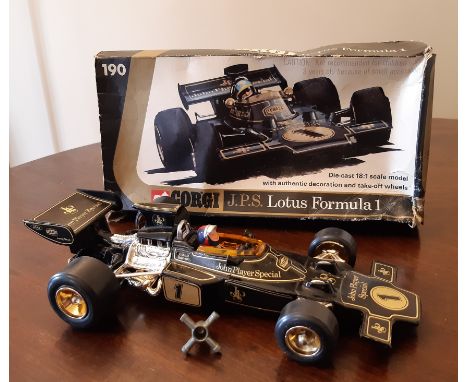 Corgi No. 190 J.P.S. Lotus Formula 1 18:1 scale model, retaining wheel changer tool, boxed (box wear)