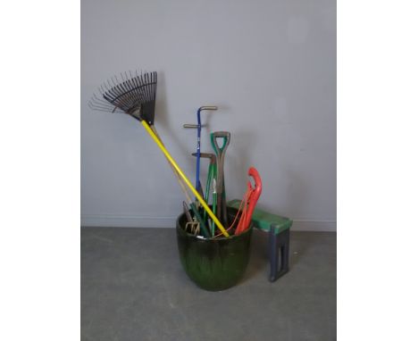 A large green glazed garden planter 46cm x 51cm and a quantity of garden tools, edging tool, rakes, strimmer, folding stools 