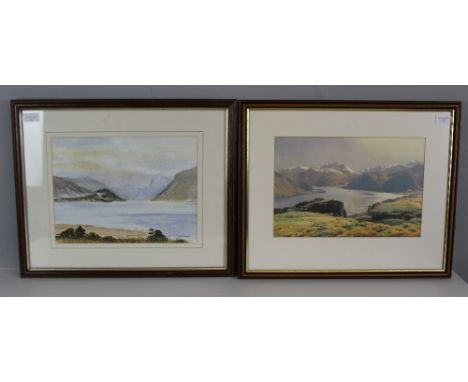 Jackie Rogers, A lake scene watercolour, framed 27cm x 36cm together with a William Heaton Cooper lakes scene print 25cm 37cm