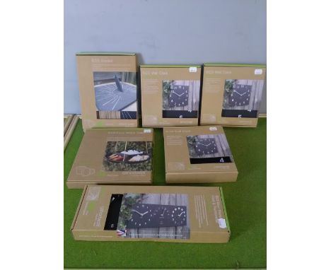Six 'AShortWalk' Eco clocks, sundial and waste tray, boxed as new combined RRP £120