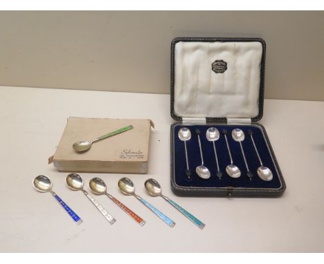 A set of six Sterling silver Norweigen enamel coffee spoons Hestenes, all good condition and a boxed set of six silver bean c