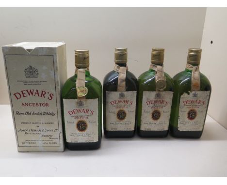 Four bottles of Dewars rare old Scotch whisky Ancestor 262/3 floz 70% proof, one boxed, wear to all labels, levels good, seal