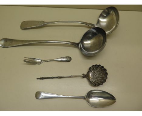 Two large silver plated ladles, 35cm long, a Georgian silver spoon 23cm long, a continental silver cake fork, a white metal s