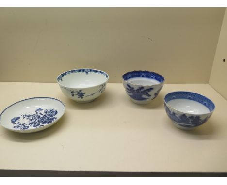 Am 18th century hand painted Worcester blue and white dish together with a bowl and two transfer wares Boy on Buffalo bowls, 