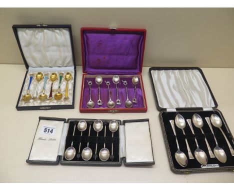 Three boxed sets of silver spoons and a boxed set of Ela Denmark sterling silver enamel spoons (3 have damaged enamel otherwi