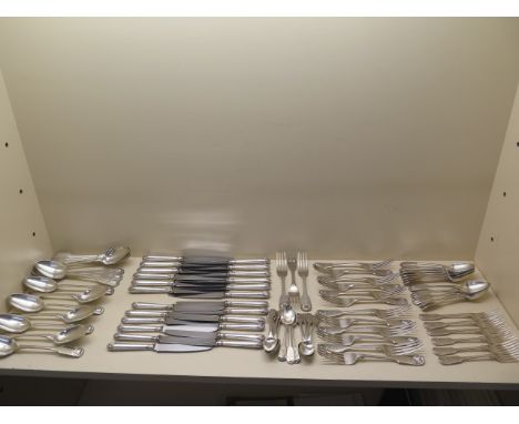 A good matched set of silver flatware fiddle and shell double struck pattern, 75 pieces: 12 teaspoons 5 x WE London 1844, 3 x
