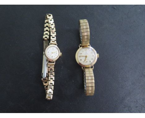 Two ladies Tudor 9ct gold manual wind wristwatches both on plated straps, 20mm and 15mm straps, both running, generally good 